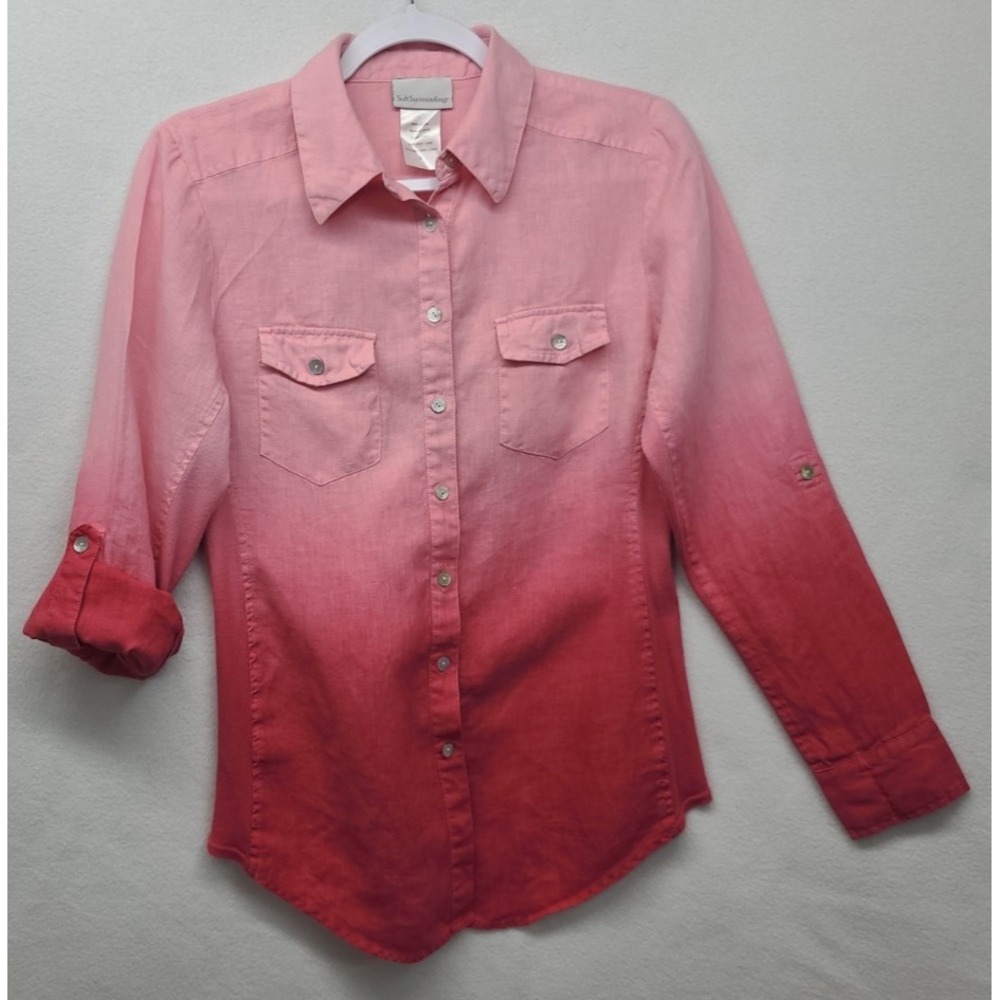 SOFT SURROUNDINGS Women's S Pink Ombre Blend Linen Button Beach Tropical Shirt